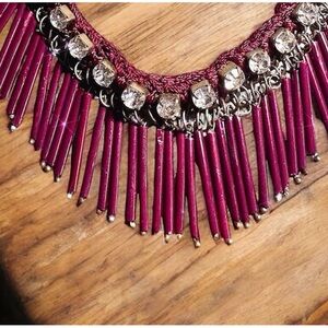 Magenta Fringe Statement Necklace with Crystal Rhinestones & Braided Cord
